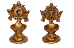 Brass Shankha Chakra Diya Set: of 2 Brass Arti Deepak; Indian Religious gift (10460)