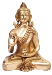 Brass Idol Lord Buddha: Vintage Golden Statue in Vitarka Mudra or Preaching Posture (10512A)
