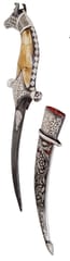 Collectible Dagger: Antique Horse Design Camel-bone Hilt, Damascus Steel Blade, Hand-Engraved Scabbard, 9 inches (A20048)