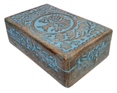 Wooden Handcarved Box 'Tree of Life': For Jewelry, Trinkets, Cards, or Tea Bags, Vintage Blue (12235A)