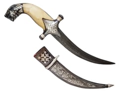 Vintage Dagger Knife: Antique Tiger Design With Camelbone Hilt, Damascus Steel Blade, Silver Inlay Scabbard, 9 inches (A20019)