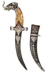 Collectible Dagger Knife: Antique Elephant Design With Camelbone Hilt, Damascus Steel Blade, Silver Inlay Scabbard, 9 inches (A20020)