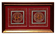 Silk Cloth Painting Gorgeous Elephants (Set Of 2): Indian Rajasthani Intricate Artwork Framed For Table Top Or Wall Hanging; Collectible Miniature Art (12478)