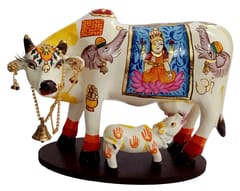 Resin Idol Kamdhenu Wish Cow & Calf: Hindu Godess Lakshmi Mahalaxmi Painted Good Luck Statue (10103E)
