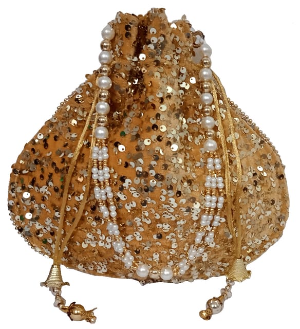 Blingy Shiny Chenille Potli Bag (Clutch, Drawstring Purse) For Women: Golden Yellow Sequin Embroidery Work (12530C)