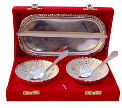Metal Bowl Spoon Serving Set Of Two In A Tray: For Dry Fruits, Sweets Or Candies, Silver Finish (12533A)