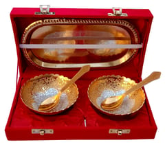Metal Bowl Spoon Serving Set Of Two In A Tray: For Dry Fruits, Sweets Or Candies, Silver-Gold Finish (12533B)