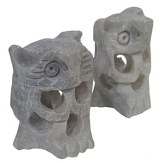 Stone Miniature Statue Owl Pair: Lattice Design Mesh Cutwork Set Of 2 Figurines (12642B)