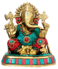 Rare Piece Antique Brass Ganesh Statue with colored gemstones, Indian gift metal art (10016)