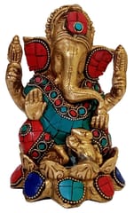 Rare Antique Ganesh Statue on lotus Brass with colored gemstones, Indian gift metal art (10017)