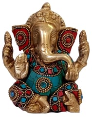 Brass Idol Lord Ganesha (Ganapathi or Vinayaka) with Gemstones Work (10320)