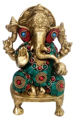 Hindu Religious God Statue of Lord Ganesha in Solid Brass Metal with Turquoise Gem-stone Work (10467)
