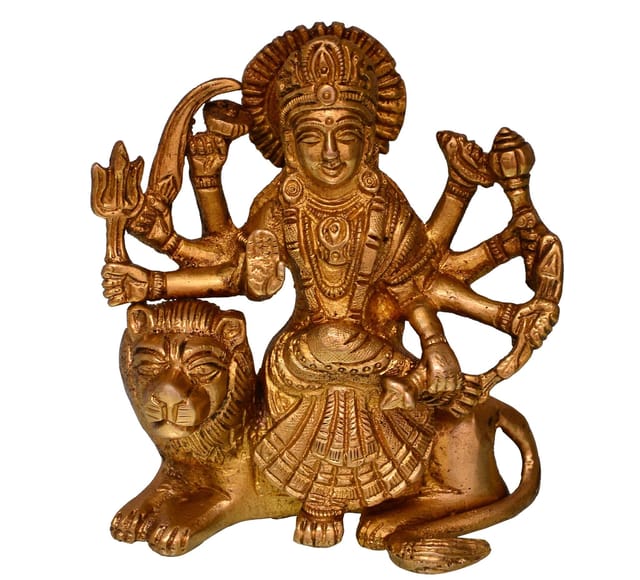 Hindu Religious Goddess Durga Ma Statue: Sculpted in Solid Brass Metal (10681)