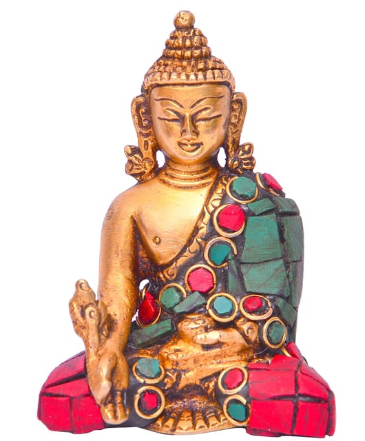 God Statue of Lord Buddha in Solid Brass Metal with Turquoise Gem-stone Work (10642)