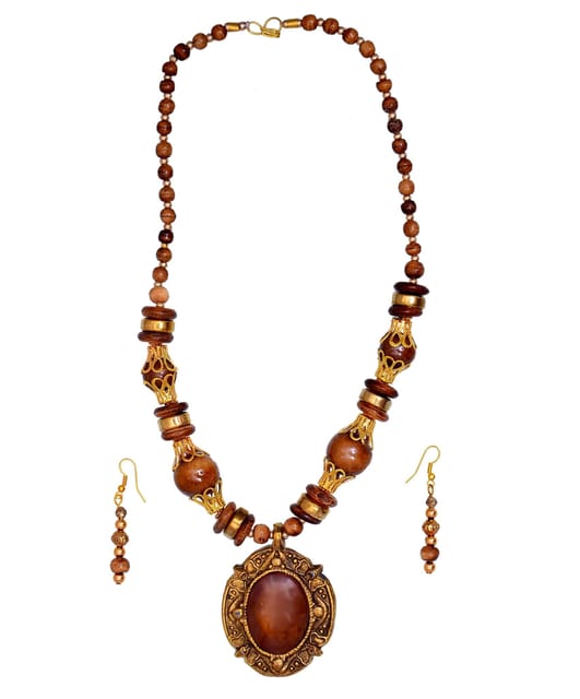 Jewelery Set With Glass Beads & Brown Golden Stone work Brass Pendant (30089)