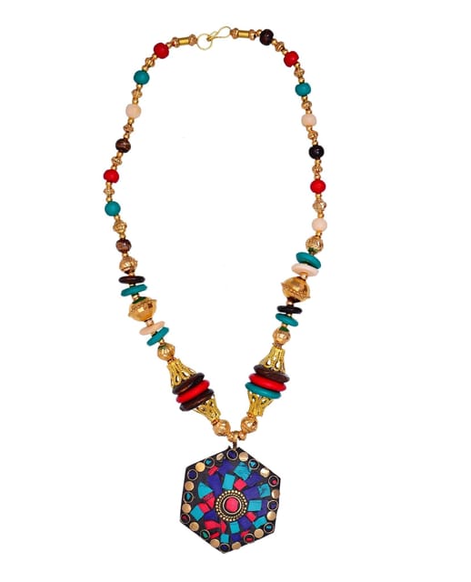 Necklace Chain With Glass Beads & Red Blue Mosaic Work Brass Pendant (30081)
