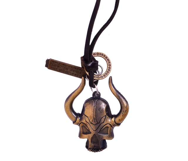 Mens Necklace Chain: Vintage Gothic Skull With Horn, Dog Tag | Pendant With Adjustable Leather Cord (30059)