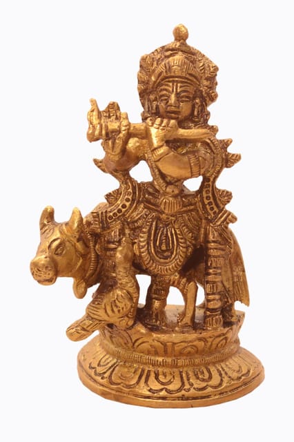 Lord Krishna Statue With Kamdhenu Cow: Brass Idol Playing Flute for Home Temple Mandir (10914)