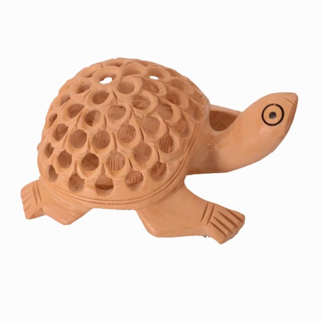 Wooden Tortoise/Turtle With Jaali Carving Work; Miniature Idol Gift Vaastu Feng Shui Good Luck Charm (10980)