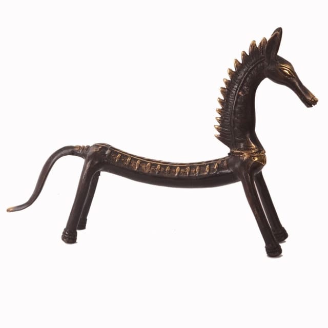 Brass Tribal Horse Statuette: Collectible Fusion Showpiece Of Folk & Contemporary Art (10969)