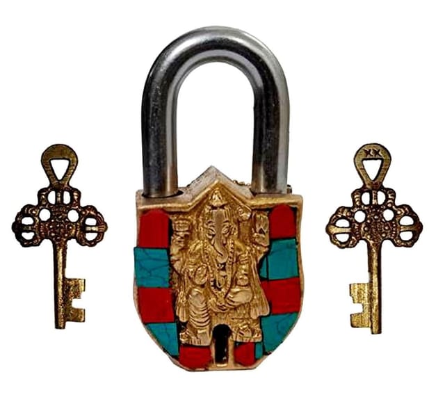 Brass Lock Padlock Ganesha: Antique Design With Colorful Gemstones; Unique Collectible Combination Of Beauty & Security With Religious Significance (11094)