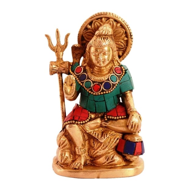 Brass Statue Lord Shiva Mahadev With Trishool: Idol With Gemstones For Home Temple, Office Table Or Shop Puja Shelf | Hindu Religious Gift (11091)