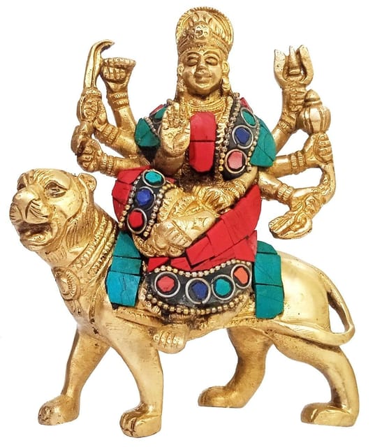 Brass Idol Durga Sherawali Ma: Collectible Statue For Home Temple With Gemstone Work (11076)