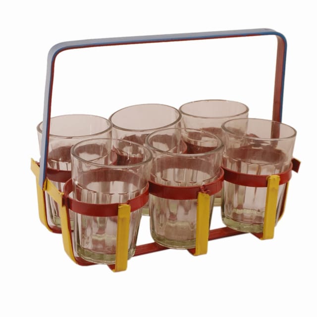 Cutting Chai Glasses Set In Colorful Stand For Tea Or Coffee (11299)
