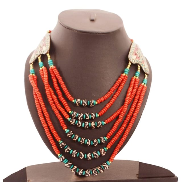 Fashion Necklace 'Passion': Multistrand Red Rani Haar With Colorful Beads & Brass Locket (30125)