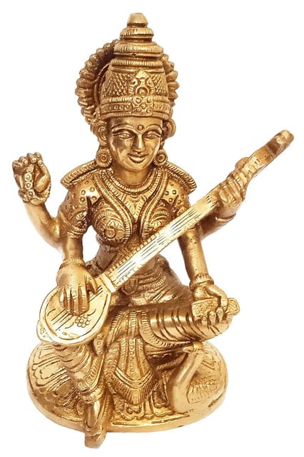 Brass Statue Saraswati (Saraswathi): Hindu Goddess Of Knowledge, Saraswati Idol Music & Art; Decor Gift (11237)
