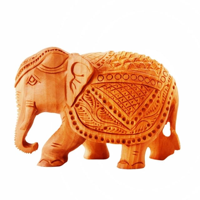 Wooden Carved Elephant; Miniature Idol for Table Tops, Showpiece, Indian Gift (11260)