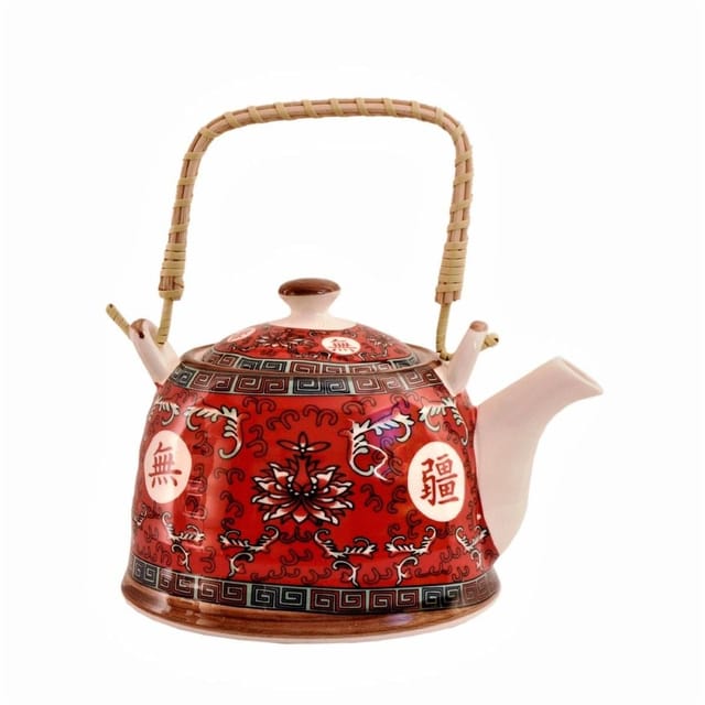 Beautifully Painted Red Ceramic Kettle Tea Coffee Pot, 850 ml, With Steel Strainer (11226)