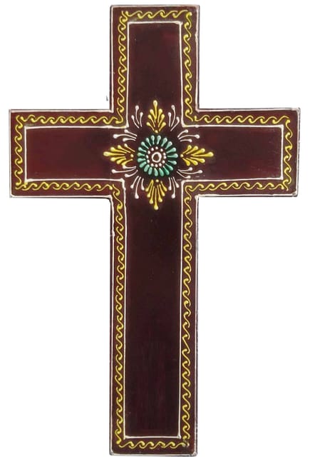 Wooden Wall Cross 'Earth': Handpainted Mangowood Plaque, Brown (11446E)