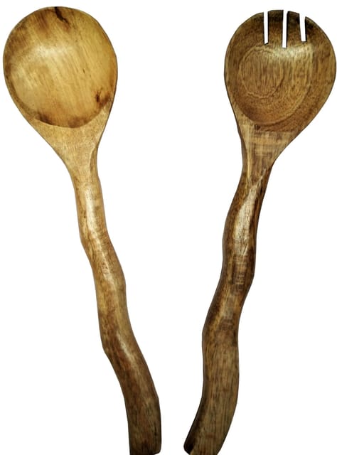 Wooden Serving Spoon & Fork Set 'Windy Wood': Handmade Vintage Tableware or Kitchen Decorative Accent (11630)