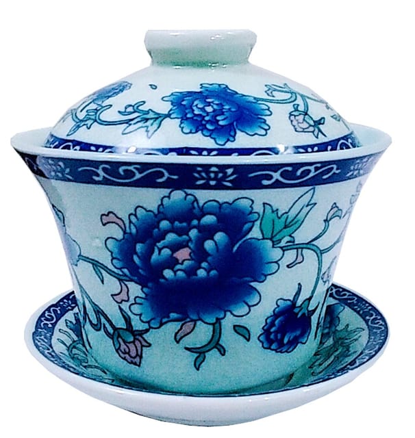 Porcelain Oriental Tea Cup with Lid & Saucer Plate (11724)