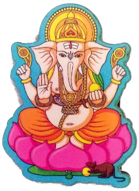 Wooden Fridge Magnet: Hindu God Ganesha on Lotus (11961)