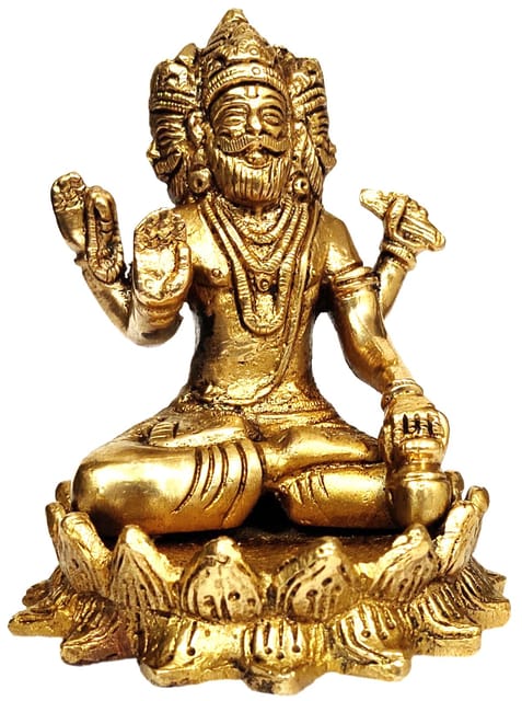 Brass Idol Brahma Four Heads (Thai Phra Phrom) Sitting in Padamasana on Lotus: Rare Collection Statue (12045)