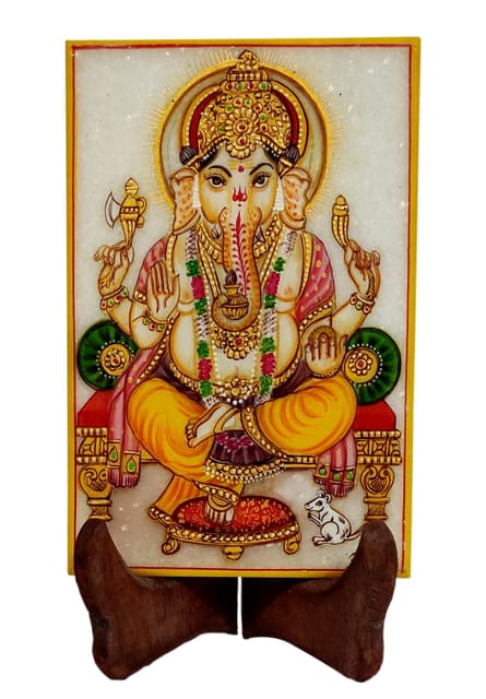 Marble Painting Ganesha: Hand Painted Tile with Gold Work, 6x4 Inches (12089)