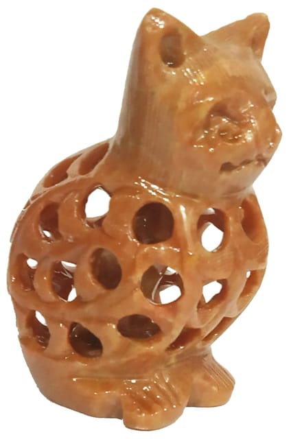 Soapstone Statue Nested Cats: Lattice Design Jaali Work Mesh Sculpture (12137)