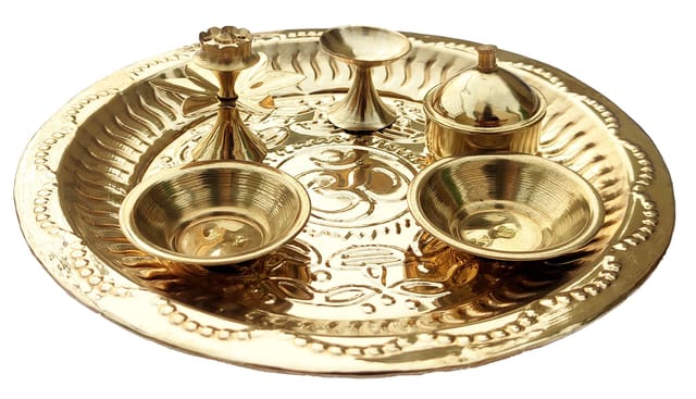 Pooja Plate Thali: Diya, 2 Katori Bowls, Sindoor-Chawal Box, Incense Sticks Stand (12238)