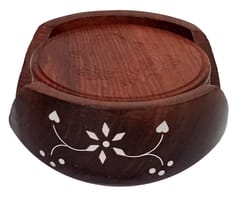 Wooden Coaster Set with Flower Inlay Work: Decorative Set Of 6 Hot Pad Mat (12302)