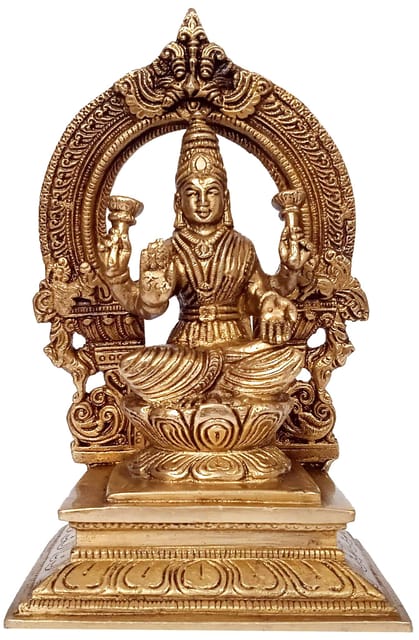 Majestic Brass Idol Lakshmi Mahalakshmi in Mandapam: Rare Collectible Sculpture with Intricate Carving (12278)
