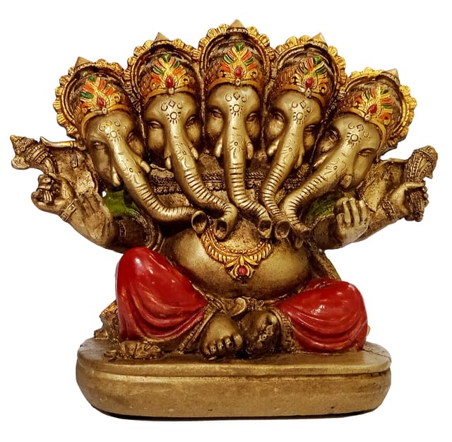 Stone Finish Idol Panchmukhi Ganesha: Painted Resin Statue for Home Temple (12374)