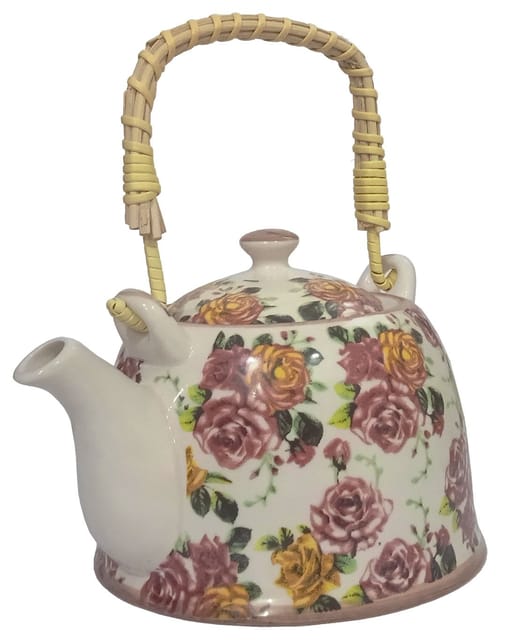 Ceramic Kettle 'Rose Bouquet': Large 850 ml Tea Coffee Pot, Steel Strainer Included (11220A)
