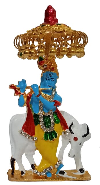 Metal Idol Chhatra Krishna: Collectible Statue Of Divine Kamdhenu With Gopala Under Canopy (12453)