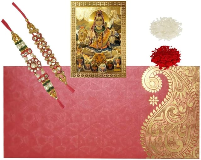 Rakhi Set for Brother: 2 Rakshabandhan Bracelets, Siva Shiva Magnet, Roli Chawal Tika (rakhi80f)