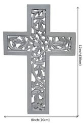 Wooden Jesus Christ Wall Cross: Hand Carved Antique Design Hanging Plaque For Home Altar Room Decor, Dull Silver Grey (10773A)