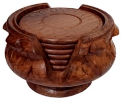 Wooden Coaster Set of 6: Chalice Design Holder With Carving (12610)
