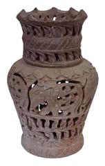 Stone Vase Flower Pot: Intricate Lattice Work Jali Carving, 4.5 Inch (12594)