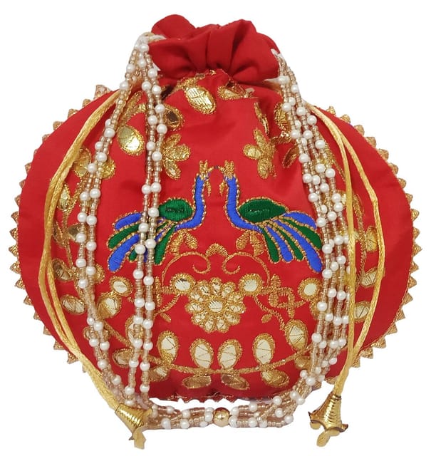 Silk Potli Bag (Clutch, Drawstring Purse) With Contrast Peacock: Intricate Gold Thread Embroidery Satchel For Women, Red (12680B)